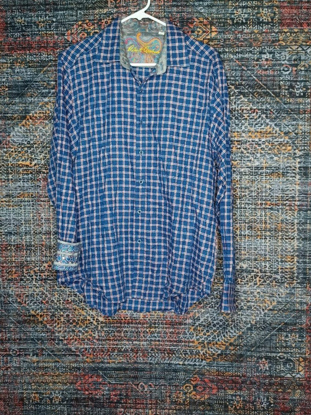 Robert Graham mens blue white red paisley plaid Classic button shirt M EUC